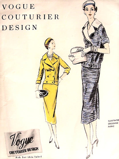 1950s CHIC Two Pc Suit Dress Pattern VOGUE COUTURIER Design 854 Slim  Wrapped Back Skirt, Double Breasted Blouse With Detachable Collar Bust 32 Vintage Sewing Pattern FF