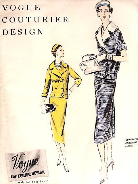 1950s CHIC Two Pc Suit Dress Pattern VOGUE COUTURIER Design 854 Slim  Wrapped Back Skirt, Double Breasted Blouse With Detachable Collar Bust 32 Vintage Sewing Pattern FF