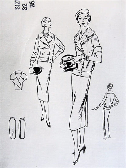 1950s CHIC Two Pc Suit Dress Pattern VOGUE COUTURIER Design 854 Slim  Wrapped Back Skirt, Double Breasted Blouse With Detachable Collar Bust 32 Vintage Sewing Pattern FF