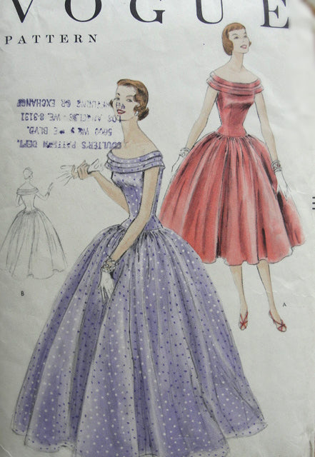 1950s LOVELY Off the Shoulder Gown Pattern VOGUE 8602 Beautiful Design With Gathered Skirt Bust 36 Vintage Sewing Pattern