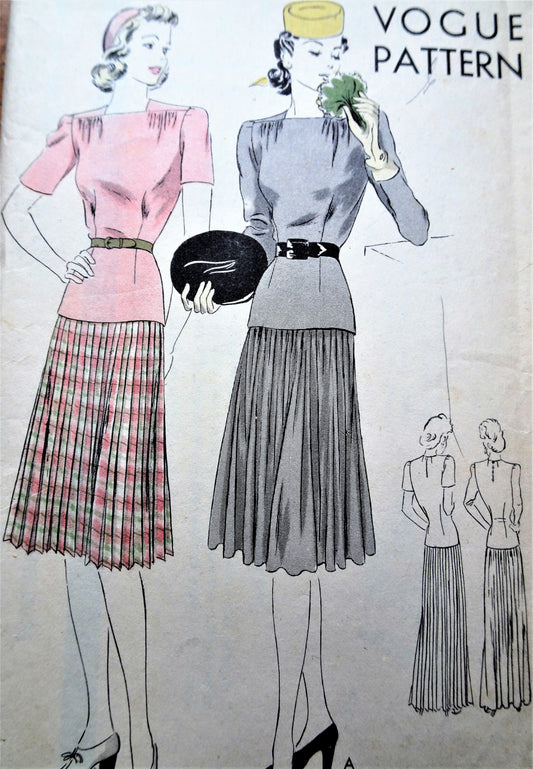 LOVELY Late 1930s Day or Evening Length 2 Pc Dress Pattern VOGUE 8699 Fitted Longer Length Blouse, Pleated Full Skirt in 2 Lengths, Bust 34 Vintage Sewing Pattern