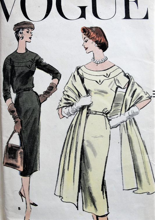 1950s CHIC Slim Dress and Stole Pattern VOGUE 8907 Day or Cocktail Evening Dress Bust 36 Vintage Sewing Pattern