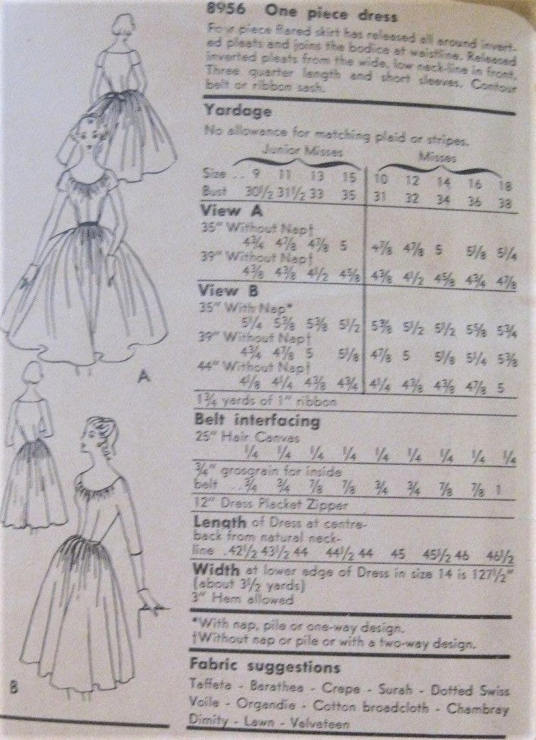 1950s GLAMOROUS Evening Cocktail Party Dress Pattern VOGUE 8956 Beautiful Inverted Pleats along Waist and Low Neckline Bust 34 Vintage Sewing Pattern
