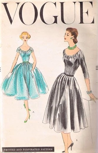 1950s GLAMOROUS Evening Cocktail Party Dress Pattern VOGUE 8956 Beautiful Inverted Pleats along Waist and Low Neckline Bust 34 Vintage Sewing Pattern