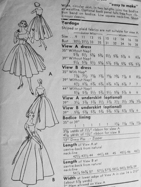 1950s BEAUTIFUL Cocktail Party Dress Evening Gown Pattern VOGUE 8991 Fitted Bodice Square Neckline, Full Dancing Skirt, Optional Back Panel, Easy To Make Vintage Sewing Pattern
