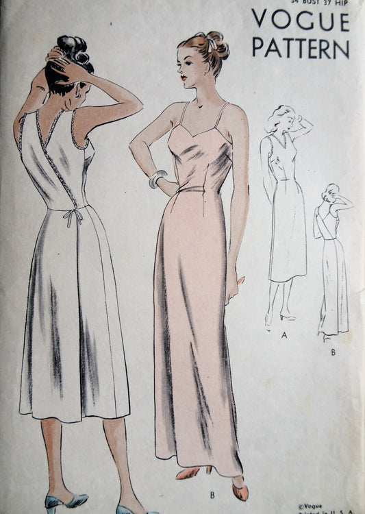 1940s GLAMOROUS Wrap Back Slip Pattern VOGUE 8999 Lovely Easy To Make Slips Regular or Floor Length, Bust 34 Vintage Sewing Pattern