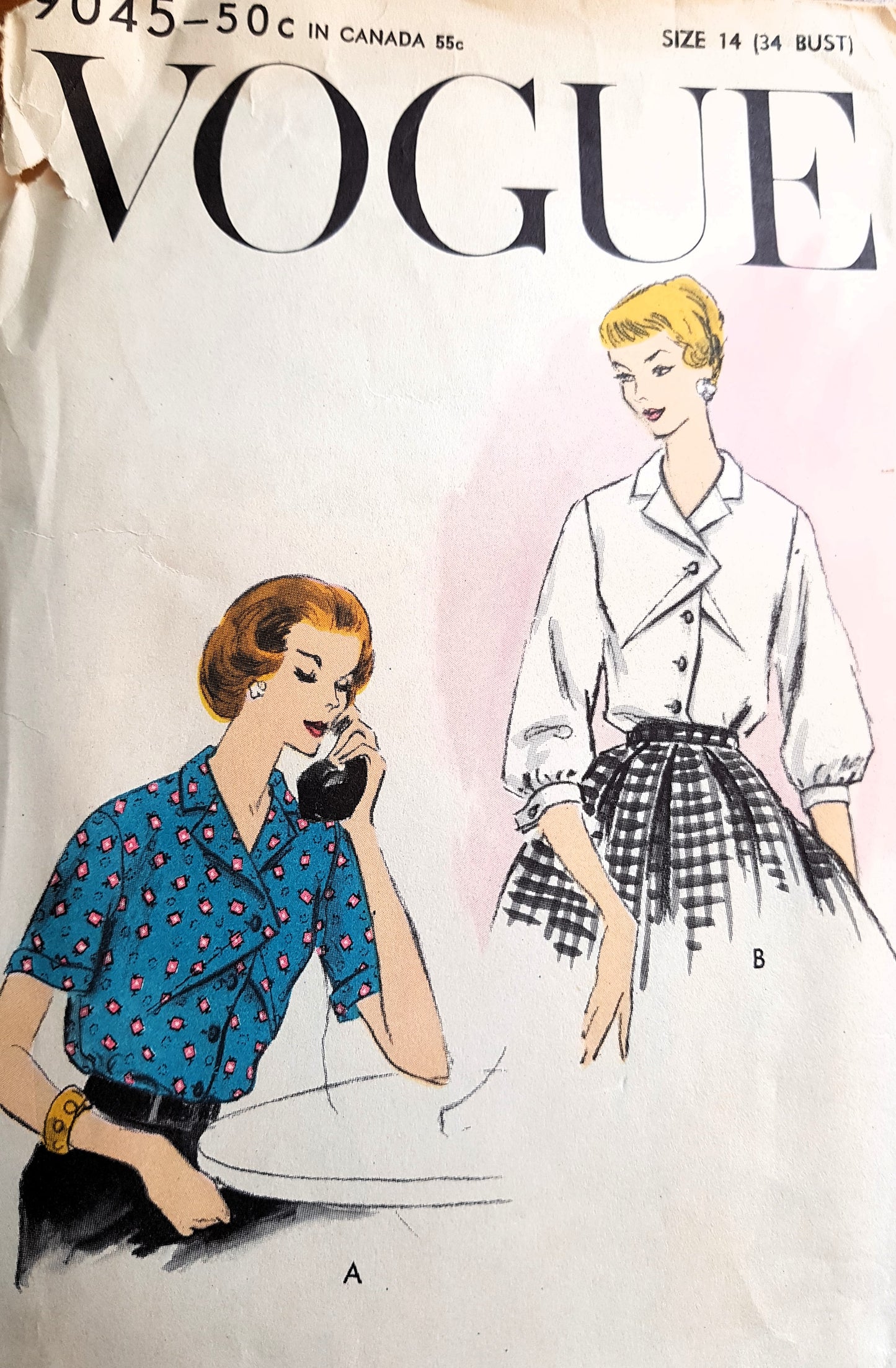 1950s UNIQUE Blouse Pattern VOGUE 9045 Notched Collar, Tuck In Blouse, Front Button Stitch Detail, Bust 34 Vintage Sewing Pattern