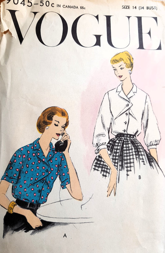 1950s UNIQUE Blouse Pattern VOGUE 9045 Notched Collar, Tuck In Blouse, Front Button Stitch Detail, Bust 34 Vintage Sewing Pattern