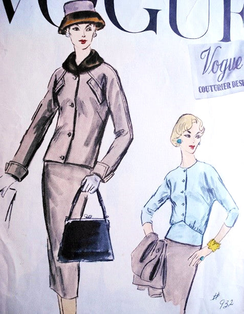 1950s Stylish 3 Pc Suit Pattern Vogue Couturier Design 932 Pencil Slim Skirt Short Box Jacket Beautiful Over Blouse Daytime or Cocktail Evening Bust 34 Vintage Sewing Pattern