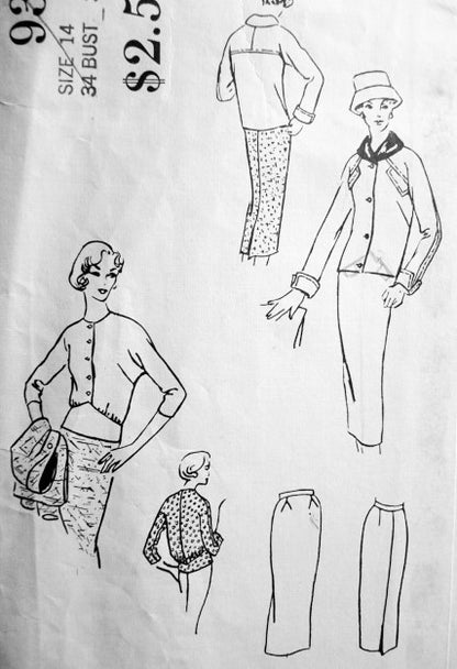 1950s Stylish 3 Pc Suit Pattern Vogue Couturier Design 932 Pencil Slim Skirt Short Box Jacket Beautiful Over Blouse Daytime or Cocktail Evening Bust 34 Vintage Sewing Pattern