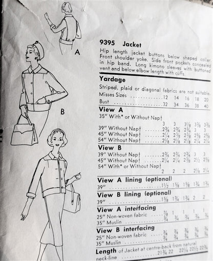 1950s  FAB Shortie Jacket Pattern VOGUE 9395 Hip Length Jacket 2 Sleeve Versions, Bust 34 Vintage Sewing Pattern