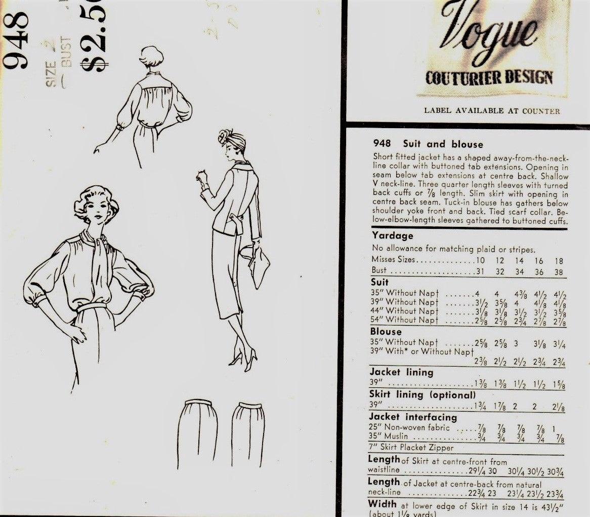 1950s CLASSY 3 pc Suit Pattern VOGUE COUTURIER Design 948 Sleek Slim Skirt Suit Beautiful Tied Scarf Collar Blouse Bust 34 Vintage Sewing Pattern
