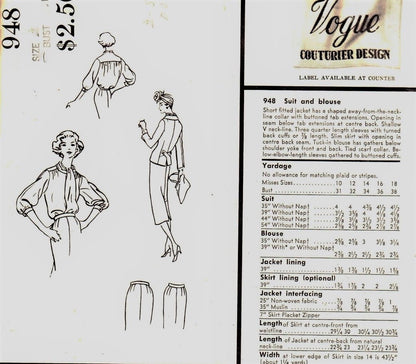 1950s CLASSY 3 pc Suit Pattern VOGUE COUTURIER Design 948 Sleek Slim Skirt Suit Beautiful Tied Scarf Collar Blouse Bust 34 Vintage Sewing Pattern