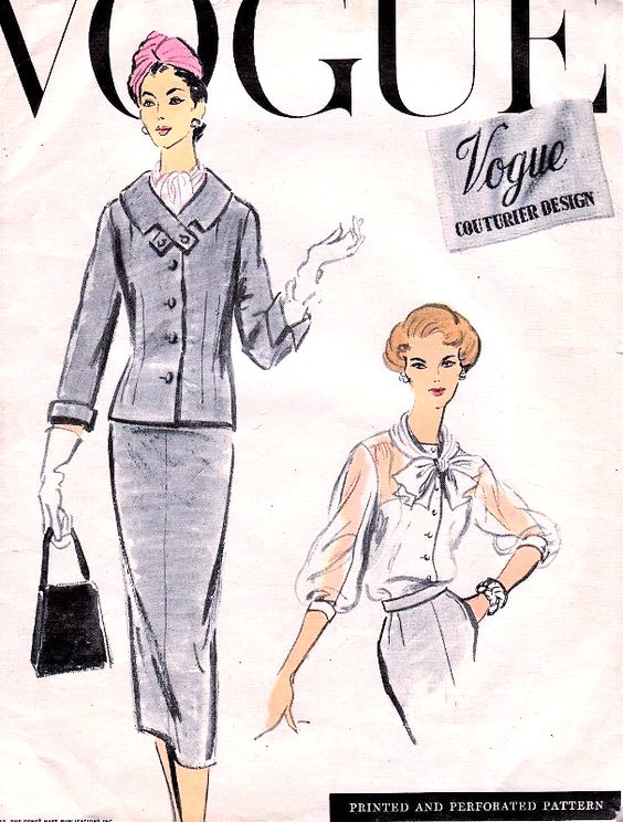 1950s CLASSY 3 pc Suit Pattern VOGUE COUTURIER Design 948 Sleek Slim Skirt Suit Beautiful Tied Scarf Collar Blouse Bust 34 Vintage Sewing Pattern