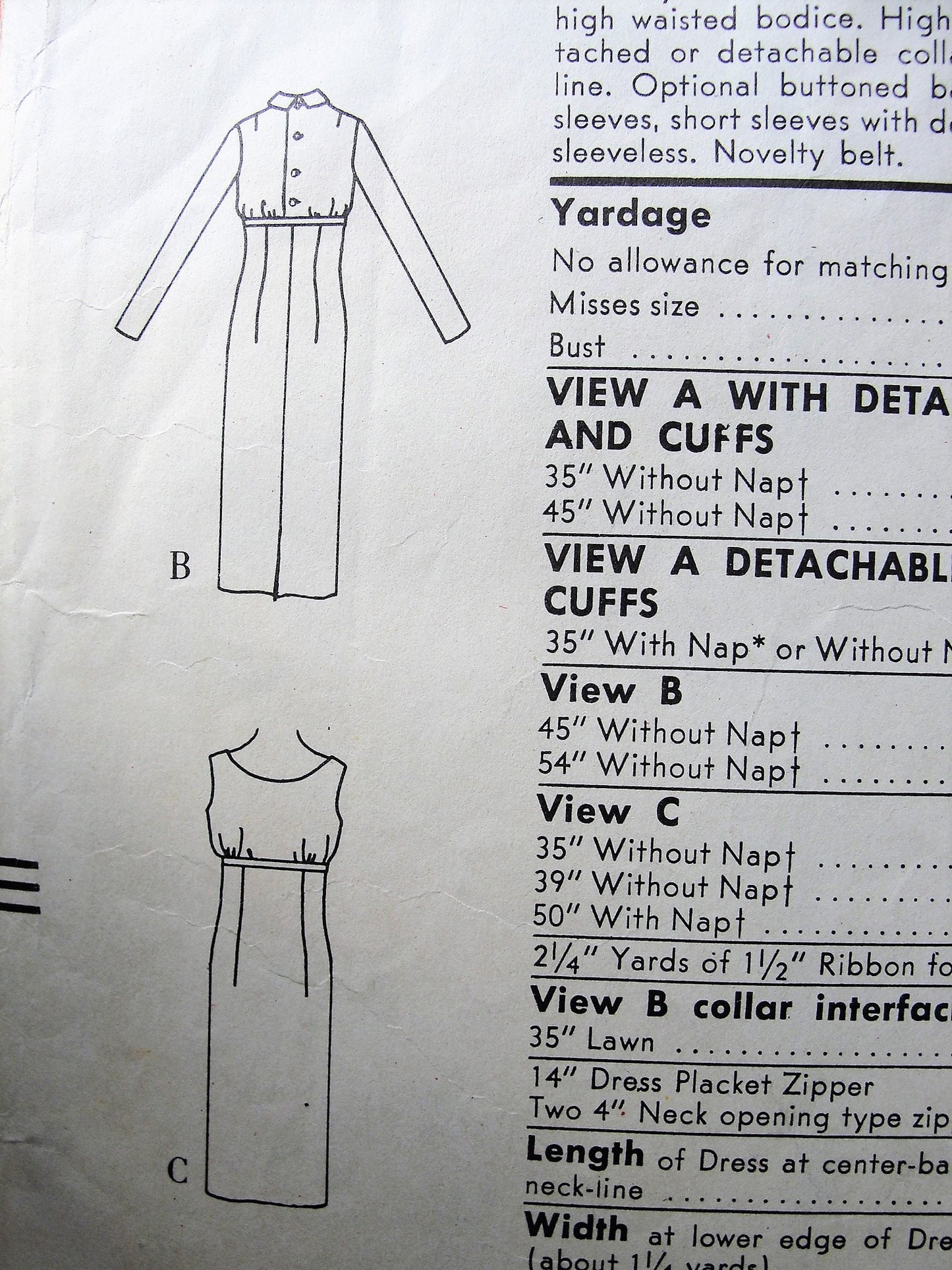 1950s Vintage POSH Slim Dress with Oval or High Neckline Detachable Collar Vogue 9561 Sewing Pattern Bust 31