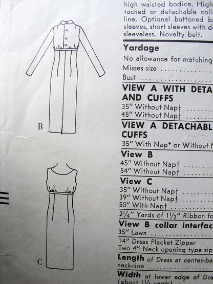 1950s Vintage POSH Slim Dress with Oval or High Neckline Detachable Collar Vogue 9561 Sewing Pattern Bust 31