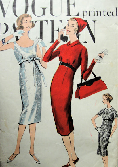 1950s Vintage POSH Slim Dress with Oval or High Neckline Detachable Collar Vogue 9561 Sewing Pattern Bust 31