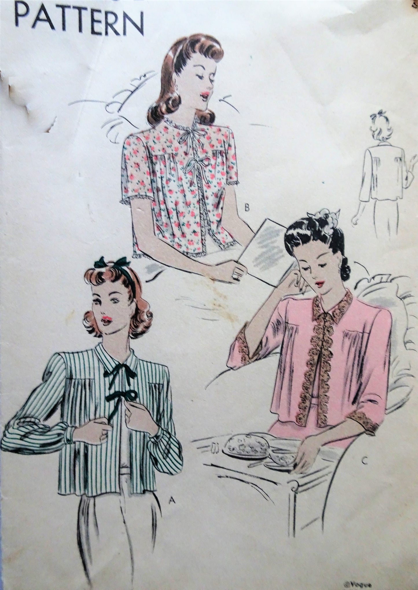 1940s LOVELY Bed Jacket Pattern VOGUE 9584  WW2 Era Three  Pretty Styles Bust 30 Vintage Sewing Pattern