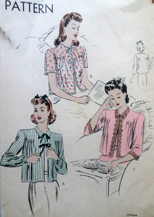 1940s LOVELY Bed Jacket Pattern VOGUE 9584  WW2 Era Three  Pretty Styles Bust 30 Vintage Sewing Pattern