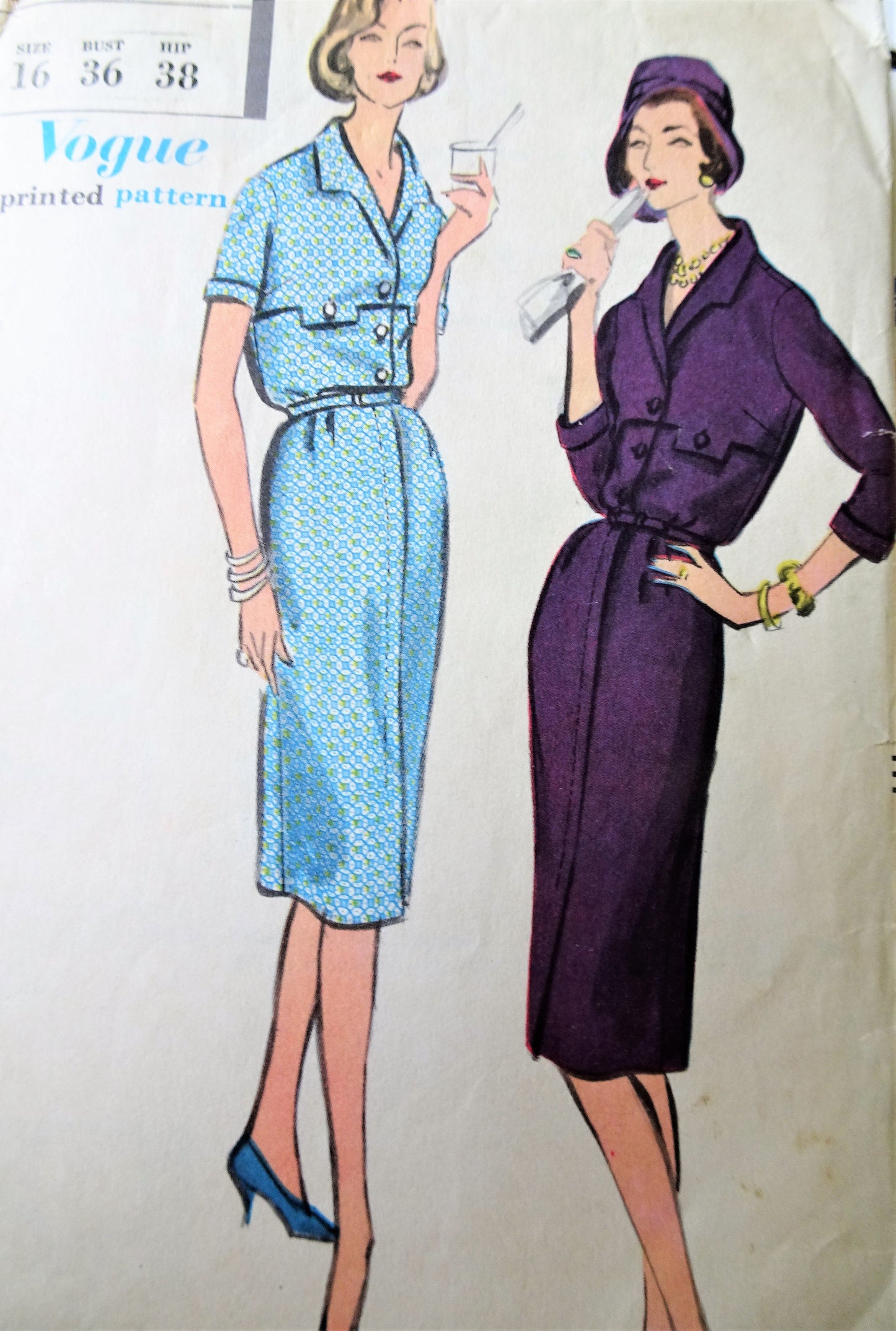 1950s CLASSY Slim Dress Pattern VOGUE 9596 EASY Chic Day or After 5, Bust 36 Vintage Sewing Pattern