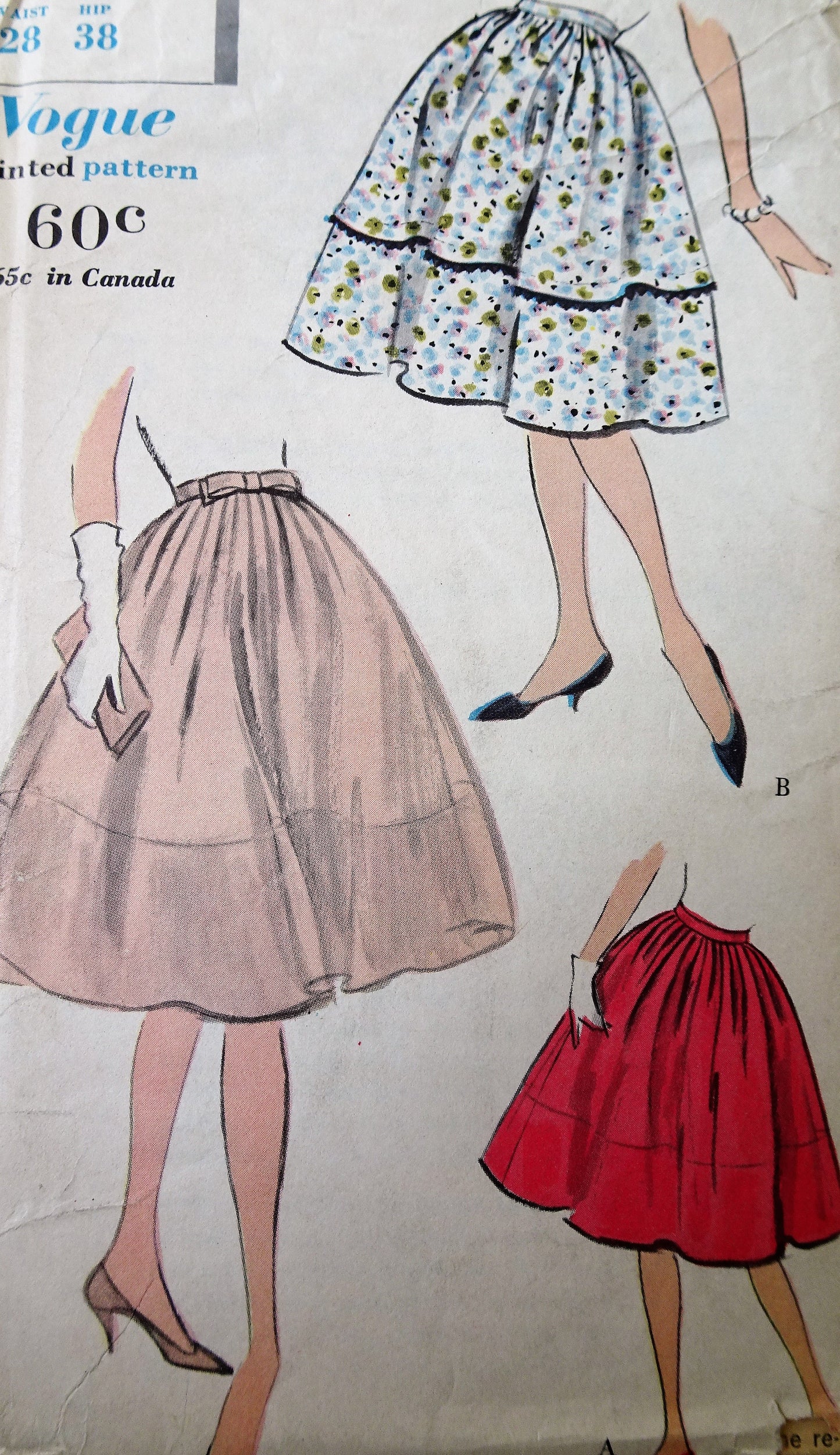 1950s PRETTY Full Skirt Pattern VOGUE 9627 Waist 28 Two Lovely Versions,Easy To Make Vintage Sewing Pattern FACTORY FOLDED