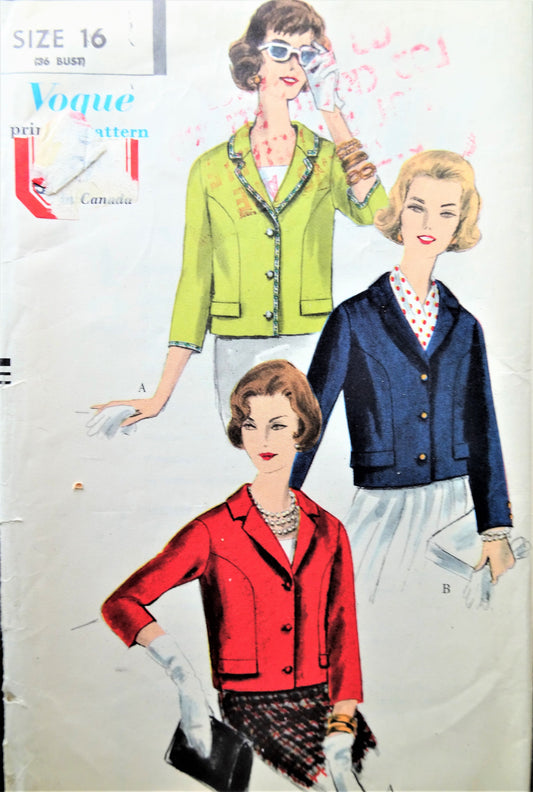 Late 1950s CLASSY Short Jacket Pattern VOGUE 9799 Elegant Design Bust 36 Vintage Sewing Pattern FF