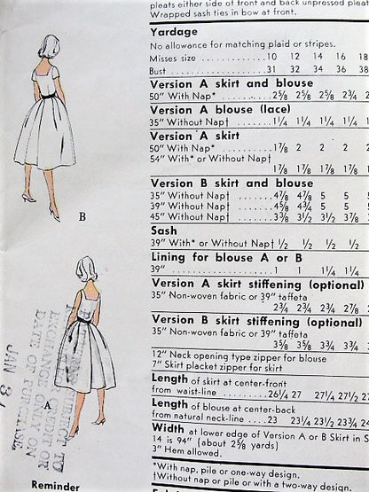Late 50s BEAUTIFUL 2 Pc Evening Party Cocktail Dress and Sash Pattern  VOGUE 9891 Two Lovely Style Versions, Special Ocassion Dress Easy To Make Bust 34 Vintage Sewing Pattern