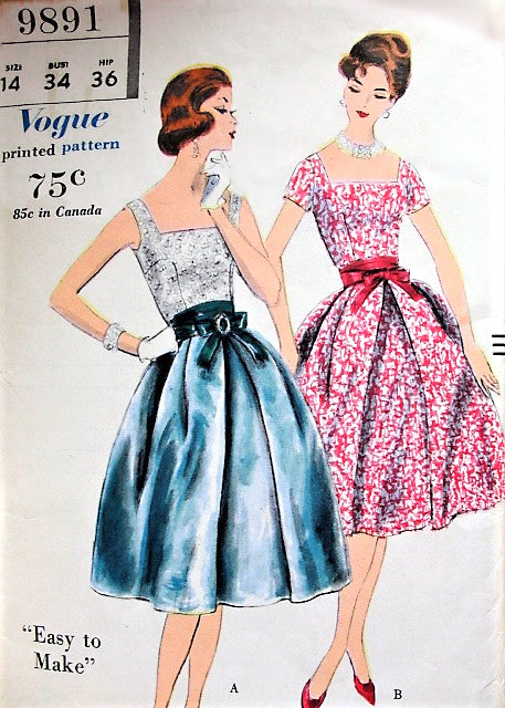 Late 50s BEAUTIFUL 2 Pc Evening Party Cocktail Dress and Sash Pattern  VOGUE 9891 Two Lovely Style Versions, Special Ocassion Dress Easy To Make Bust 34 Vintage Sewing Pattern