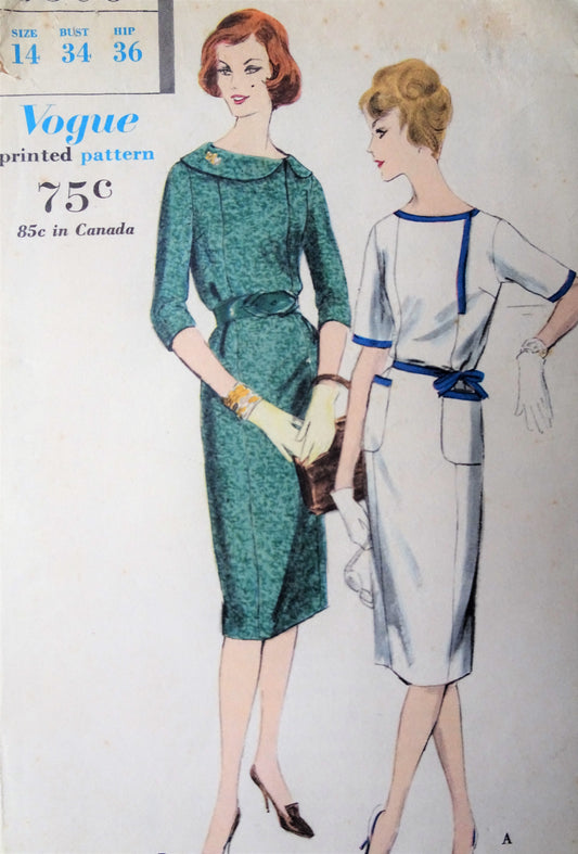 Late 1950s MAD MEN Era Slim Dress Pattern VOGUE 9906 Two Chic Versions Bust 34 Vintage Sewing Pattern