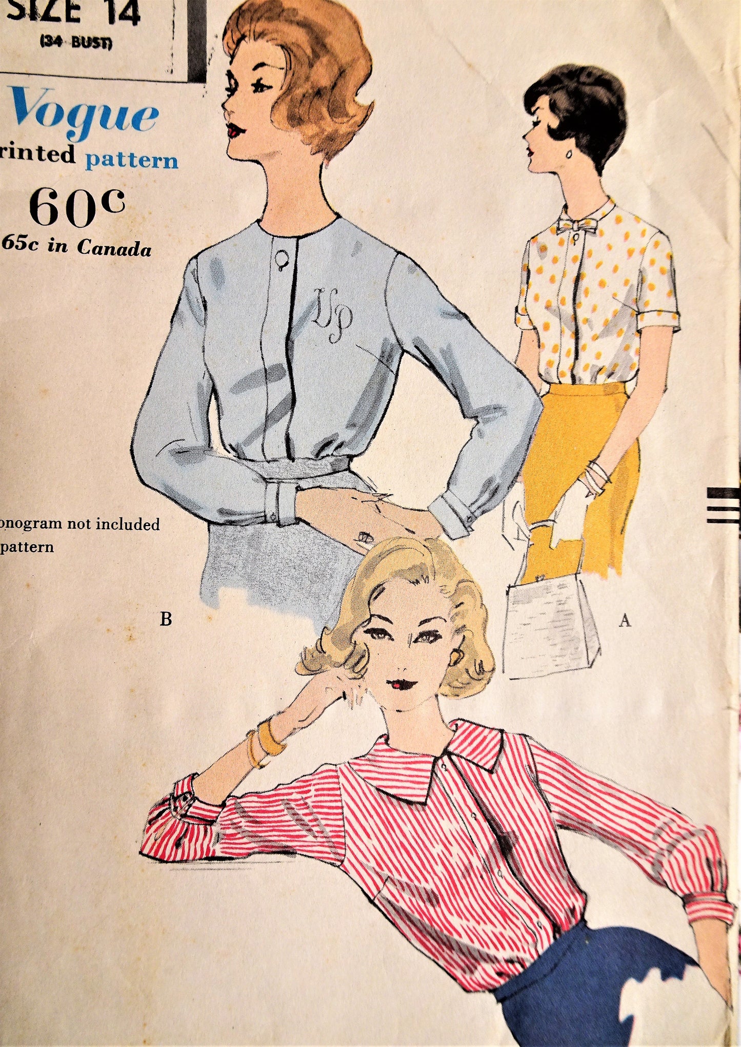 1960 LOVELY Blouse Pattern VOGUE 9931 Three Tuck In Blouse Style Versions,Bust 34 Vintage Sewing Pattern