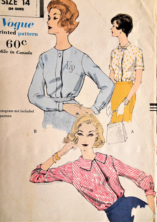1960 LOVELY Blouse Pattern VOGUE 9931 Three Tuck In Blouse Style Versions,Bust 34 Vintage Sewing Pattern
