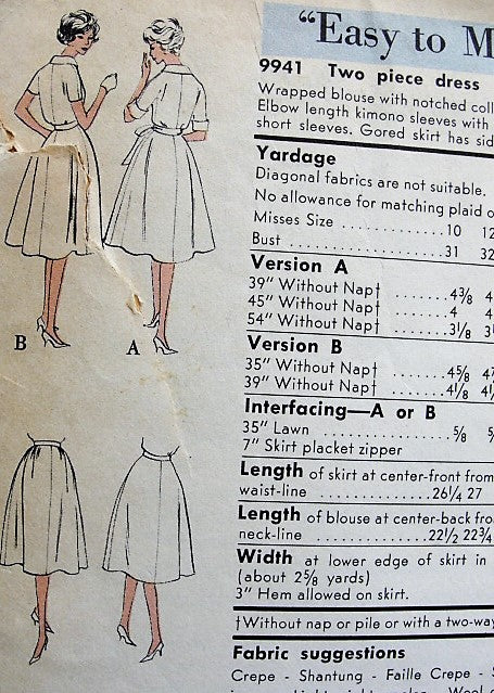 1960s LOVELY Two Pc Dress Easy To Make Pattern VOGUE 9941 Notched Collar Side WRAPPED Blouse and Flared Skirt, Day or Cocktail Dinner Party Bust 32 Vintage Sewing Pattern FACTORY FOLDED
