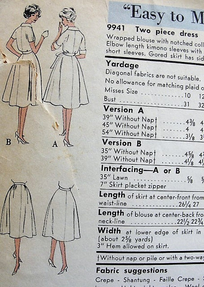 1960s LOVELY Two Pc Dress Easy To Make Pattern VOGUE 9941 Notched Collar Side WRAPPED Blouse and Flared Skirt, Day or Cocktail Dinner Party Bust 32 Vintage Sewing Pattern FACTORY FOLDED