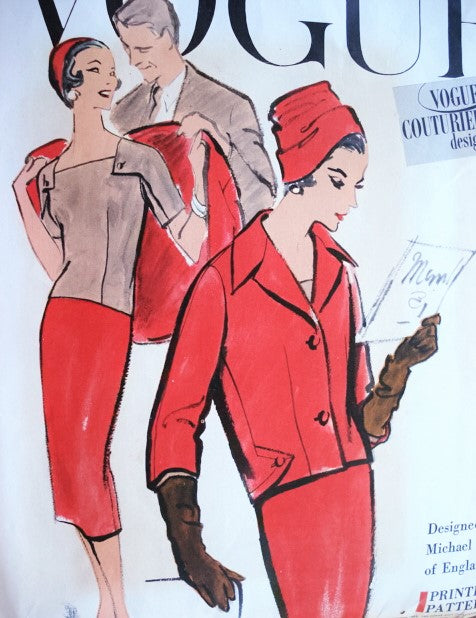 1950s CLASSY 3 Pc Suit Pattern VOGUE COUTURIER DESIGN 997 Striking Details Square Neck Overblouse or Tuck In Slim Mock Wrap Skirt Semi Fitted Shortie Jacket Bust 38 Vintage Sewing Pattern