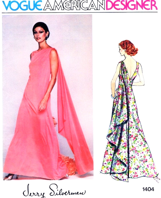 1970s STUNNING Jerry Silverman Evening Gown Pattern  Vogue American Designer 1404 Shoulder Flowing Cascade Panel Deep V Back Bust 34 Vintage Sewing Pattern