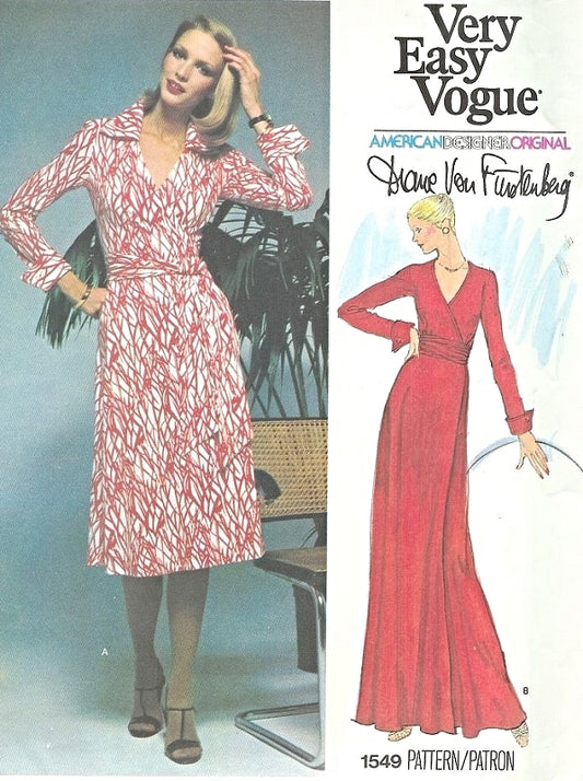 1970s VOGUE 1549 DVF Wrap Dress,The Quintessential Diane Von Furstenberg Wrap Dress Very Easy To Sew Wrap Around Dress Bust 32 Vintage Sewing Pattern