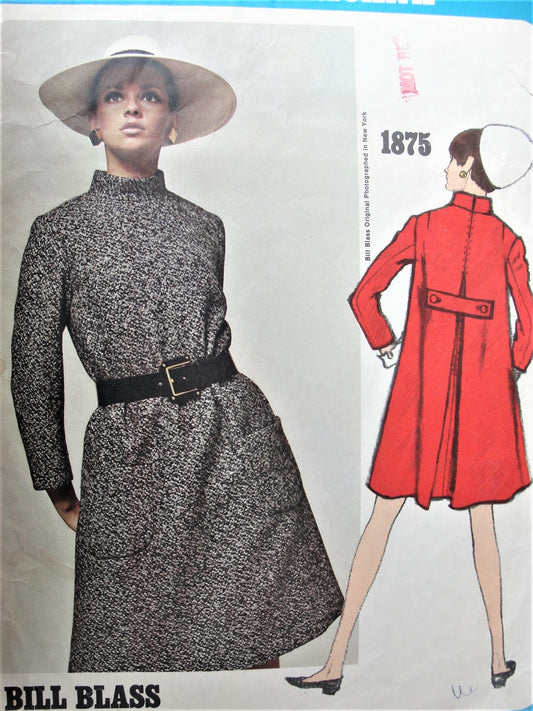 1960s FABULOUS Bill Blass Dress Pattern VOGUE AMERICANA 1875 Loose-fitting, A-line Dress,Back Inverted Pleat,Martingale Belt,Patch Pockets Bust 36 Vintage Sewing Pattern