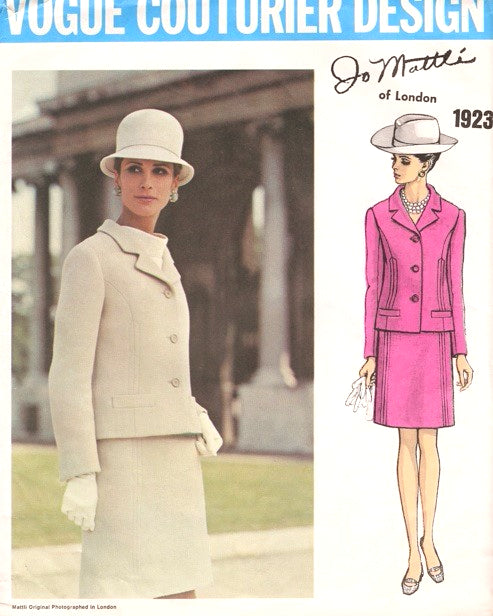 1960s JO MATTLI  Classy Suit Pattern VOGUE COUTURIER Design 1923 Slim Skirt Semi Fitted Jacket Size 10 Vintage Sewing Pattern