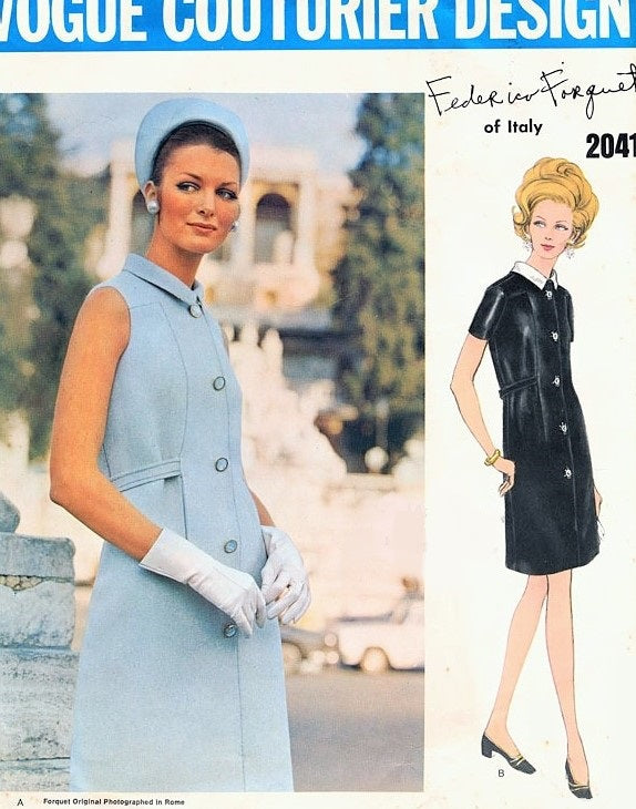 1960s ELEGANT Federico Forquet Dress Pattern VOGUE Couturier Design 2041 Front Button Day or Cocktail Dress, Bust 32 Vintage Sewing Pattern