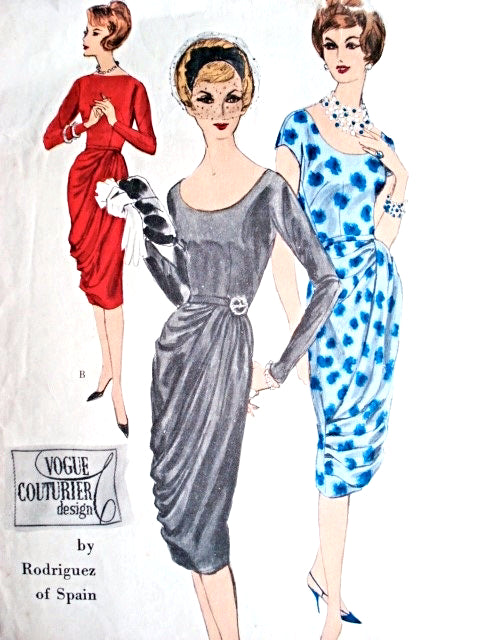 1960 Stunning Rodriguez Cocktail Evening Dress Pattern Vogue Couturier Design 206 Slim Skirt Asymmetrical Front Draping Bateau or Scoop Necklines Bust 32 Vintage Sewing Pattern