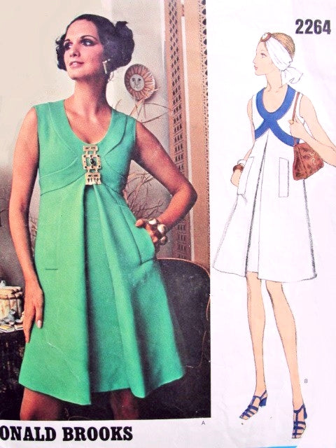 MOD 60s Donald Brooks Cocktail Evening Dress Pattern VOGUE Americana 2264 Empire A Line Low U Shape Neckline Front Inverted Pleat Bust 32.5 Vintage Sewing Pattern FACTORY FOLDED