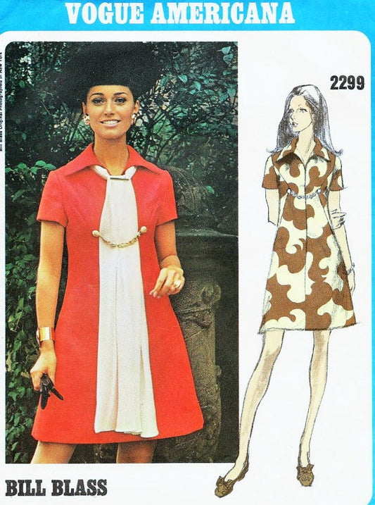 1970 Mod Dress Pattern Vogue Americana 2299 Bill Blass A Line Dress Bust 36 Vintage Sewing Pattern