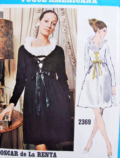 1960s LOVELY Evening Cocktail Party Dress Pattern VOGUE Americana 2369 Designer Oscar de la Renta Eye Catching Bodice Lace Up Lace Edged Neckline Bust 34 Vintage Sewing Pattern  FACTORY FOLDED