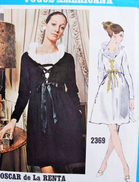 1960s LOVELY Evening Cocktail Party Dress Pattern VOGUE Americana 2369 Designer Oscar de la Renta Eye Catching Bodice Lace Up Lace Edged Neckline Bust 34 Vintage Sewing Pattern  FACTORY FOLDED