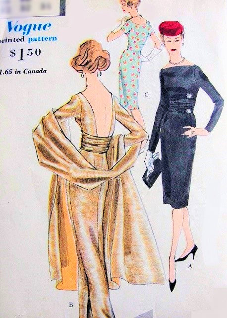 1950s Stunning Slim Evening Dress, Cummerbund and Stole Pattern Plunging Low V Back or Regular,Bateau Neckline  Short cocktail or Formal Floor Length Vogue Special Design 4056 Vintage Sewing Pattern