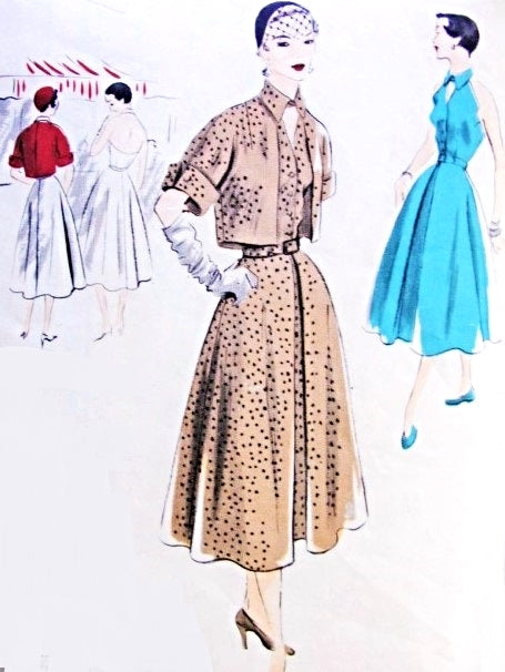 1950s Lovely Halter Dress and Bolero Jacket Pattern Vogue Special Design 4094 Flared Skirt Dress and Keyhole Neckline, Wide Cuffed Jacket Bust 32 Vintage Sewing Pattern