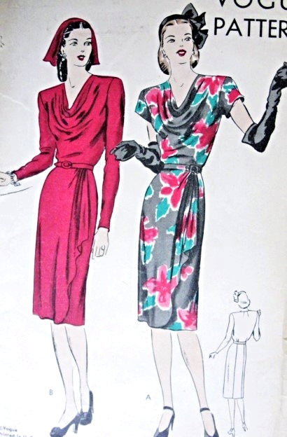 1940s Beautiful Slim Dress Pattern Draped Overskirt, Stunning Posh Bias Cowl Neckline Perfect Cocktail Dinner Dress Vogue 5282 Vintage Sewing Pattern FACTORY FOLDED Bust 30 Easy To Make