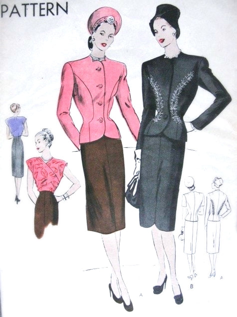 1940s Suit and Blouse Pattern Vogue 5617 Beautiful Fitted Jacket Shaped Neckline, Slim Skirt Two Hemline Styles, Surplice Blouse Day or Evening  Bust 34 Vintage Sewing Pattern FACTORY FOLDED