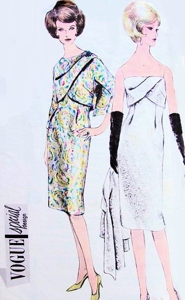 1960s Stunning Cocktail Evening Dress and Jacket Pattern Vogue Special Design 5712 Slim Dress With Striking Draped Bodice Jacket Has Crossed Over Draped Closing Chic Style Vintage Sewing Pattern