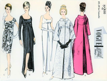 1960s ELEGANT Evening Dress and Theater Coat Pattern VOGUE Special Design 6084 Vintage Sewing Pattern Slim Empire Cocktail Party Dress With Overskirt, Gorgeous Evening Coat Bust 32 Vintage Sewing Pattern